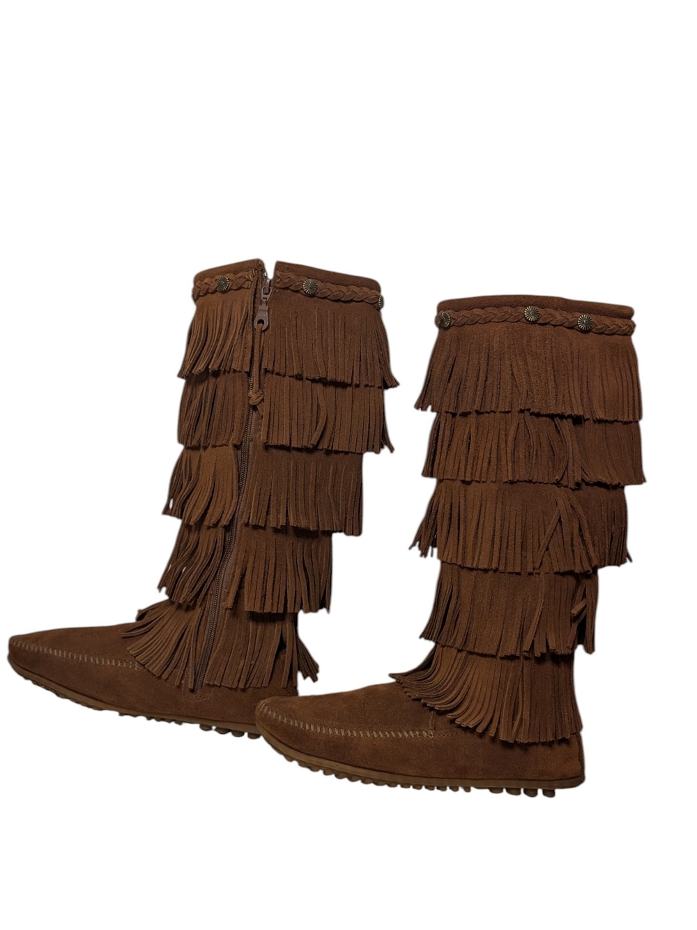 Minnetonka Brown Suede Knee-High 5 Layer Fringe Moccasin Boots - Picture 5 of 13